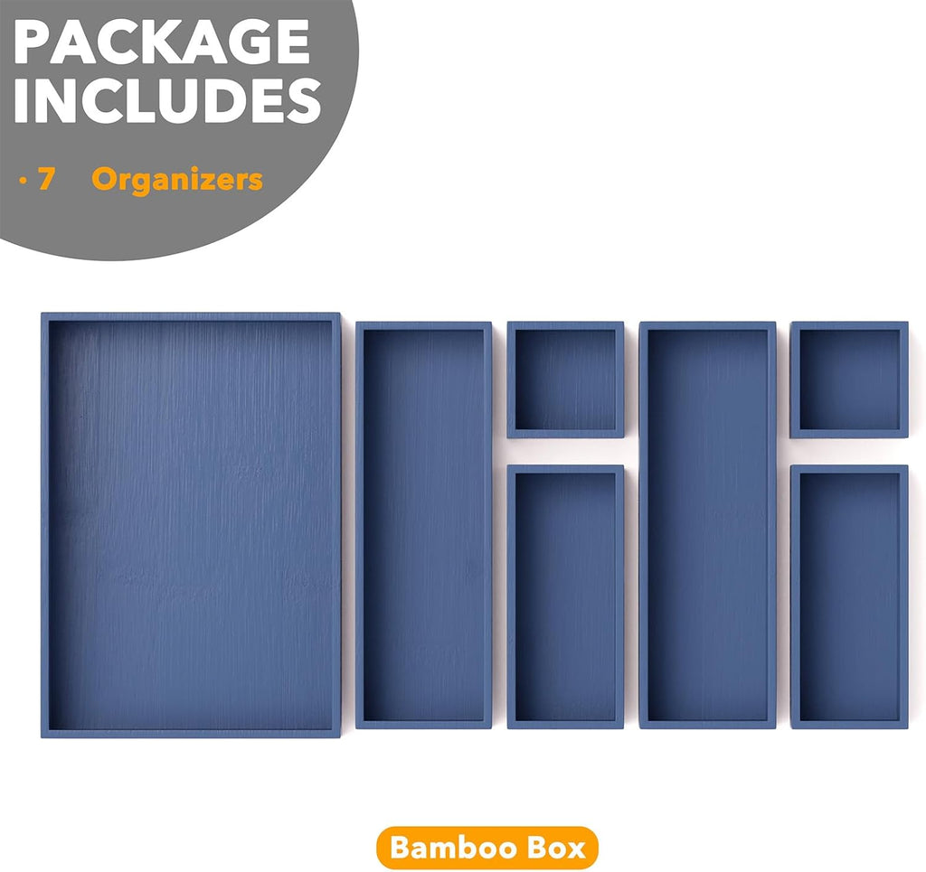 SpaceAid 7-Piece Bamboo Drawer Organizer Storage Boxes Set, Wood Tray Junk Drawer Organizers Multi-Use Divider Bins for Kitchen, Bathroom, Office Desk and Makeup Organization (7 Pack, Navy Blue)