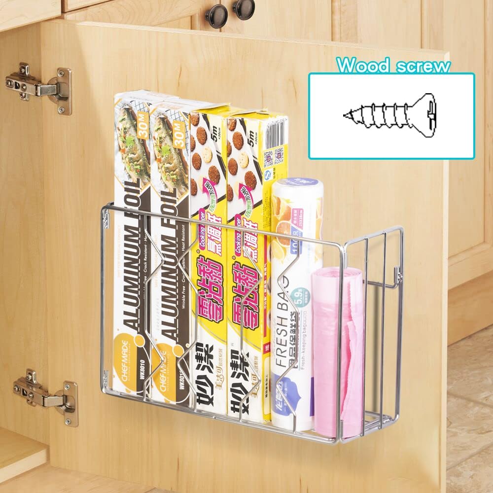 YQh Wall Mount Kitchen Wrap Organizer Rack, Cabinet Storage Basket, Aluminum Foil Rack, Mounts to Solid Cabinet Doors or Walls, Tall Basket Door Mount Cabinet Organizer