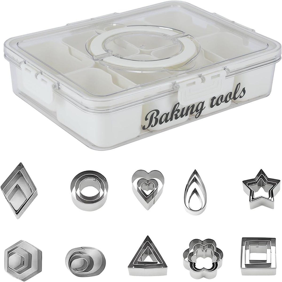 Cookie Cutter Tool Storage Box,Cake Decorating Supplies Accessories Bins,Cookie Cutter Storage with Mold,Transparent Dustproof Lid,Biscuits Cutters Organizer Storage with 8 Compartment