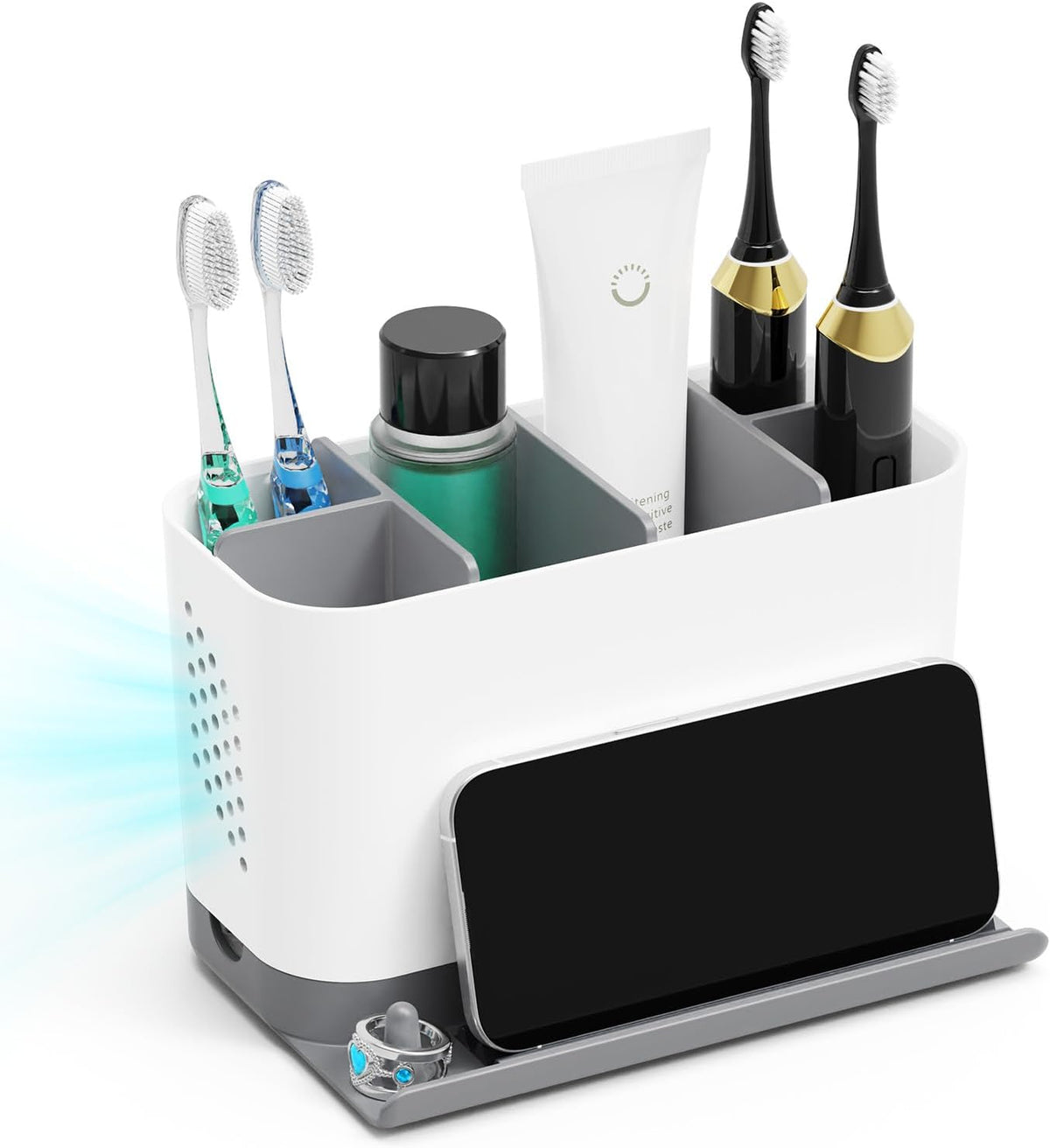 Toothbrush Holders for Bathrooms, Adjustable 6 Slots Electric Toothbrush and Toothpaste Holder, Cord-Friendly Detachable Bathroom Countertop Organizer with Front Ledge for Phone and Ring Holder