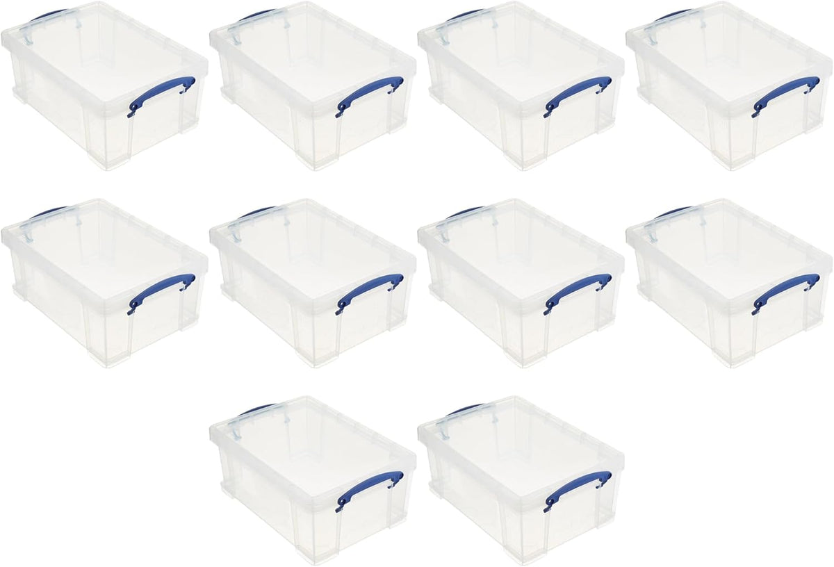 Really Useful Box Stackable 9 Liter Plastic Storage Container Bin with Snap Lid & Built-In Clip Lock Handles for Home & Office Organization (10 Pack)