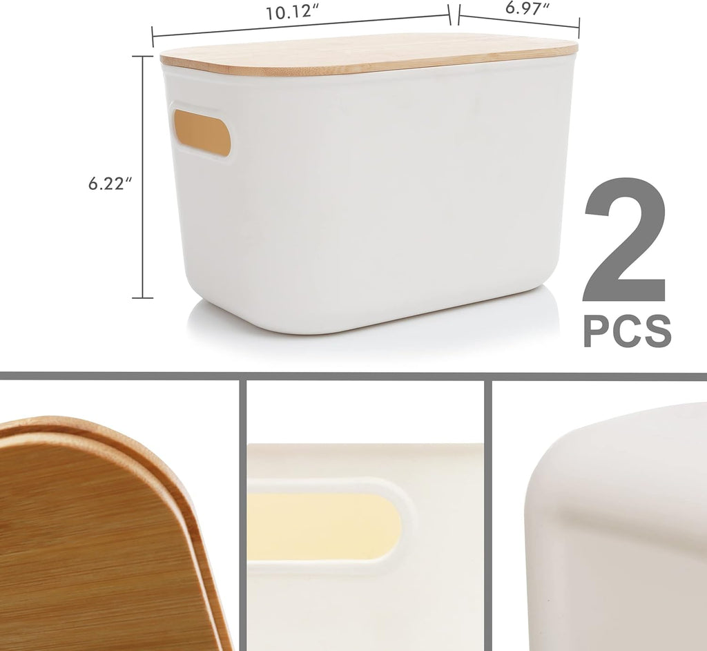 Citylife 2 PCS Storage Bins with Bamboo Lids Plastic Storage Containers for Organizing Stackable Storage Box with Handle, 10.23 x 7.08 x 6.3 inch