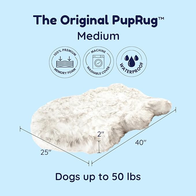 PAW Brands PupRug Orthopedic Dog Bed for Large Dogs with Fluffy Soft Faux Fur and Memory Foam for Joint Pain Relief, Machine Washable and Waterproof Couch Bed, White with Brown Accents, Medium