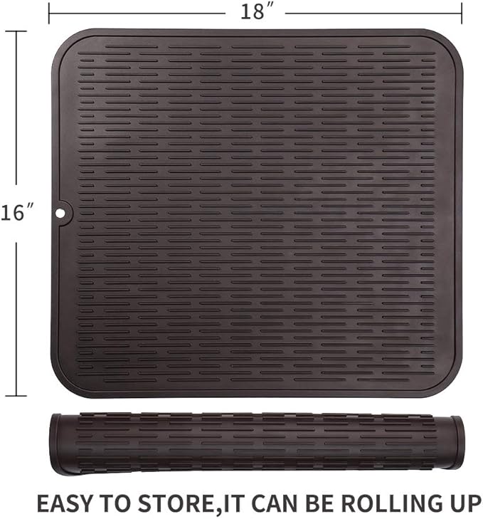 Silicone Dish Drying Mat for Multiple Usage,Easy clean,Eco-friendly,Heat-resistant Silicone Mat for Kitchen Counter or Sink,Refrigerator or Drawer Liner Coffee XL 18 inches x 16 inches