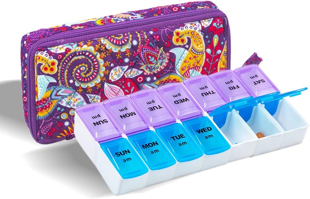 Weekly Pill Organizer 2 Times a Day, Zumd Pill Box 7 Day with Cute Quilted Fabric Zipper Case, Travel Pill Case Am Pm for Vitamin Medicine Organizer