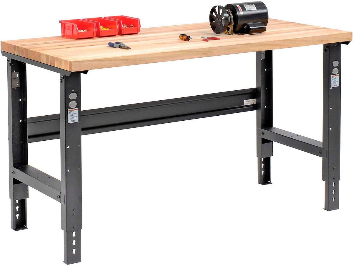 Global Industrial Adjustable Height Workbench C-Channel Leg, 60" W x 30" D, 1-3/4" Birch Top with Square Edge, 2000 Lbs. Capacity, Black Frame, Industrial Workbench