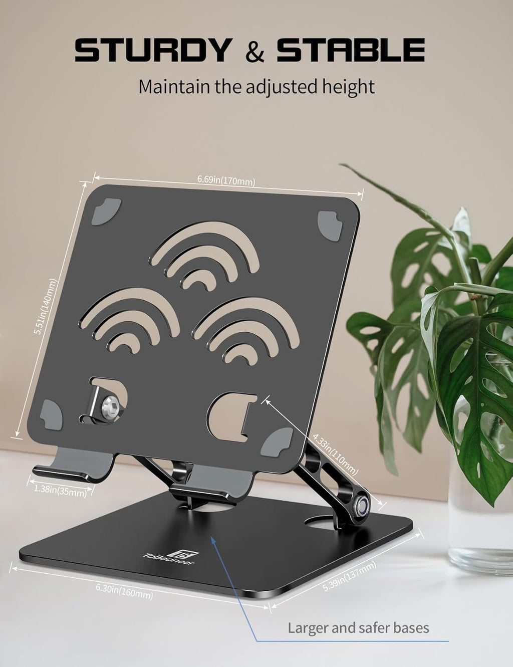 Adjustable Tablet Stand for Desk, Premium Aluminum Holder for iPads, Tablets, Kindles, Switch, Phones, and All Devices up to 14 Inches. Portable and Foldable Black, Plus Size