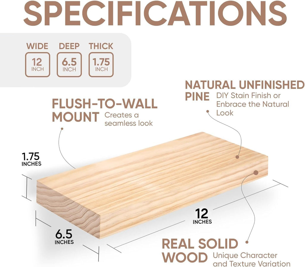 Homeforia Wood Floating Shelf 12 inch, High End Solid Natural Wood 12inch Floating Shelves for Wall Mounted, Unfinished Small Wooden Floating Shelves, Heavy Duty Bracket, 12 X 6.5 X 1.75 in, Set of 3