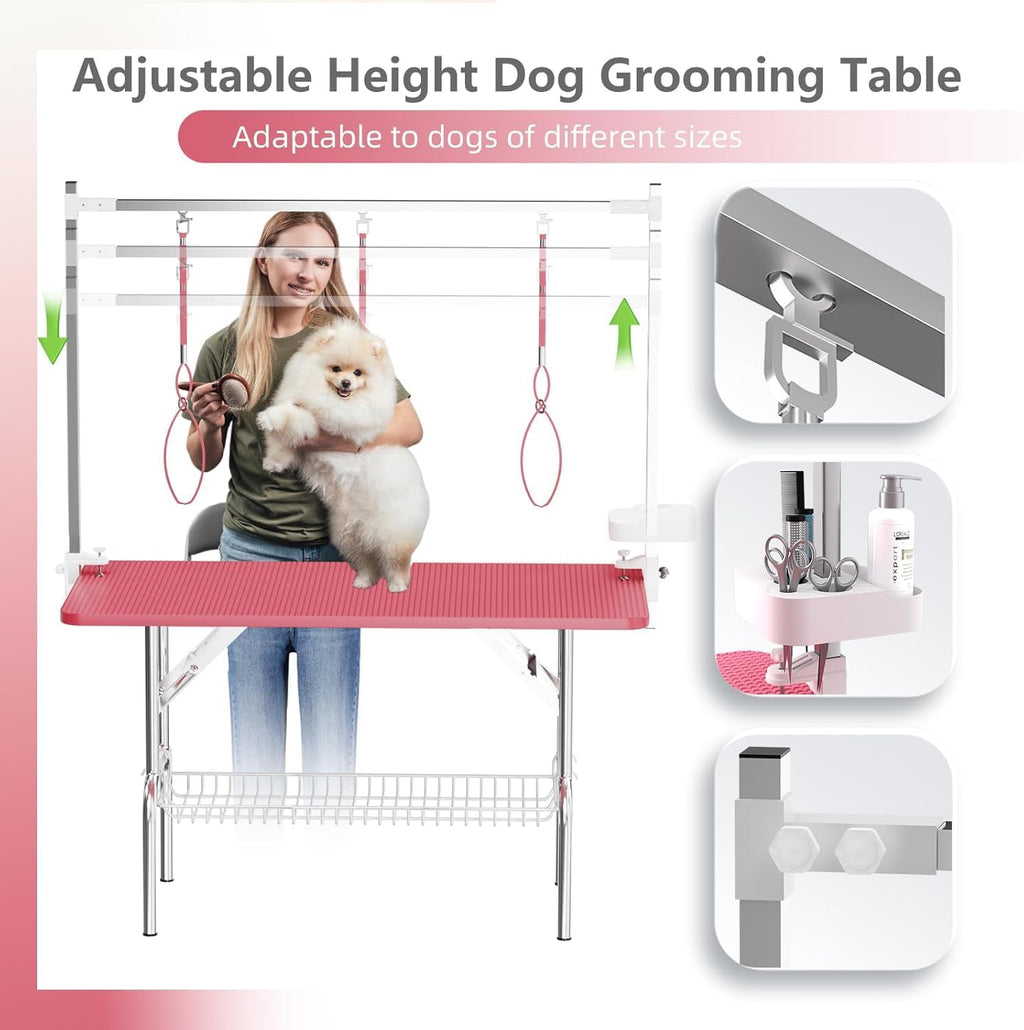 47'' Dog Grooming Table for Large Dogs, Foldable Grooming Table for Dogs at Home with Adjustable Arm & Clamp, Non-Slip Waterproof Top, Mesh Tray & Tool Holder, Stainless Steel Legs, 330LBS Capacity