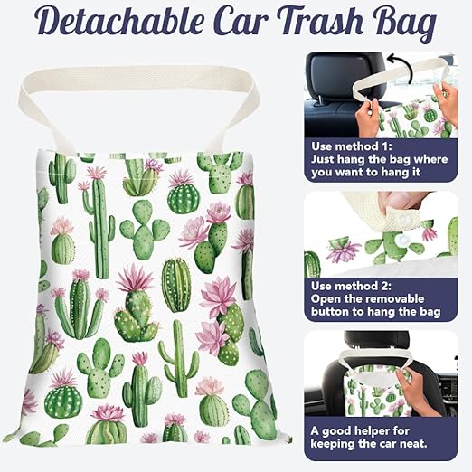 Cactus Print Car Trash Bag Hanging Garbage Bag with Snap Buttons Car-Back Seat Trash Storage Portable Dustbin for Men Women Car Interior Accessories Travel Camping