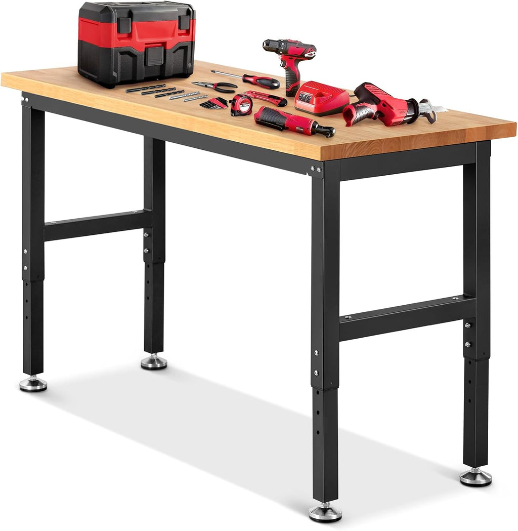 Work Bench for Garage Workbench Adjustable Height Work Table for Shop Woodworking, 60x 22 Heavy Duty Rubber Wood Top for Office, Home, Commercial