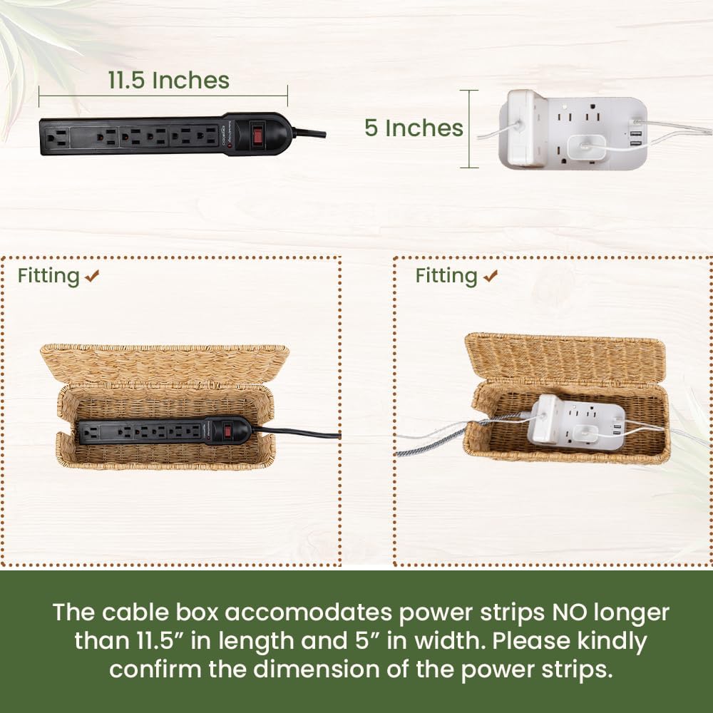 Cable Management Box, Handmade Rattan Cable Organizer, 2 Open Slots Cords Hider Box, Under Desk Cord Organizer for Computer Router USB Hub & Power Strip, Patent Pending, 13" x 5.1" x 5.1", Natural