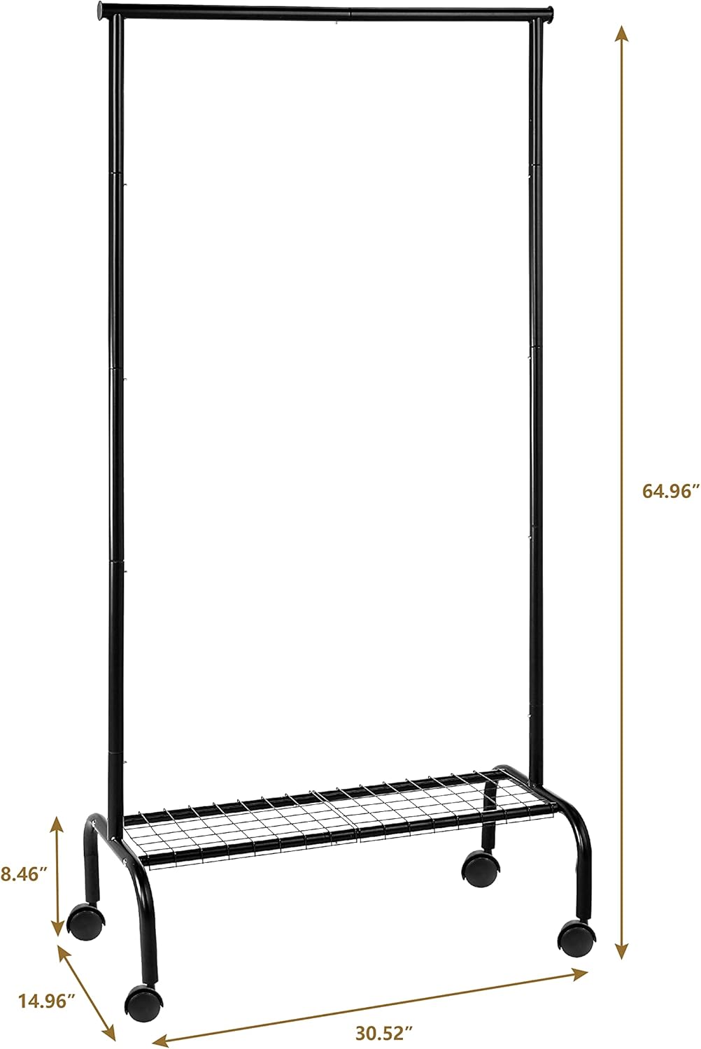 SunnyPoint Rolling Garment Rack with Shelf – Heavy-Duty Metal Clothing Rack on Wheels, 64.9” Tall Clothes Organizer with Bottom Storage, Black