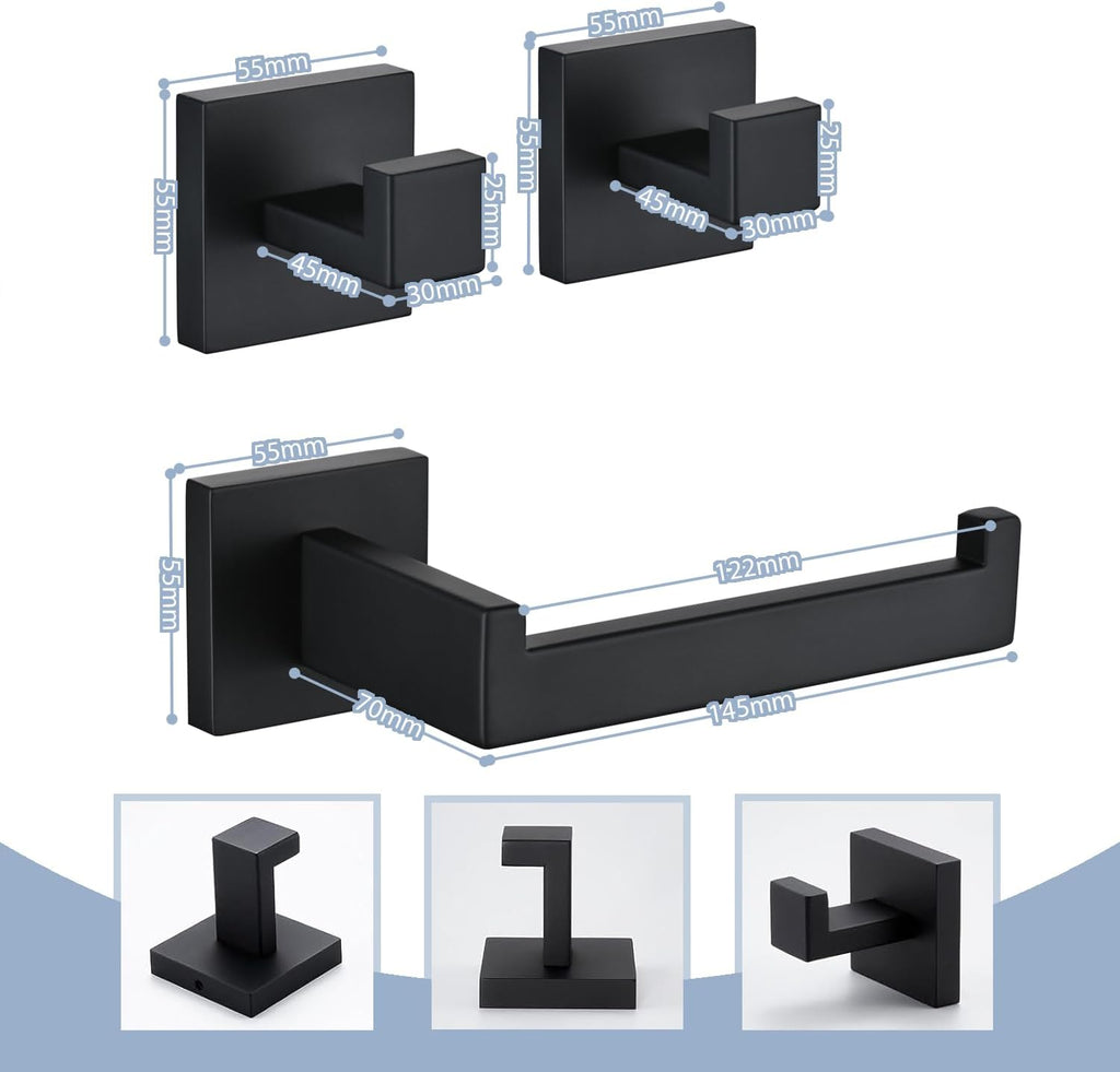 3PCS Bathroom Hardware Set, Matte Black Toilet Paper Holder, 2 Square Towel Robe Hooks, SUS 304 Stainless Steel, Wall Mounted, Modern, Rust‑Resistant (Black)