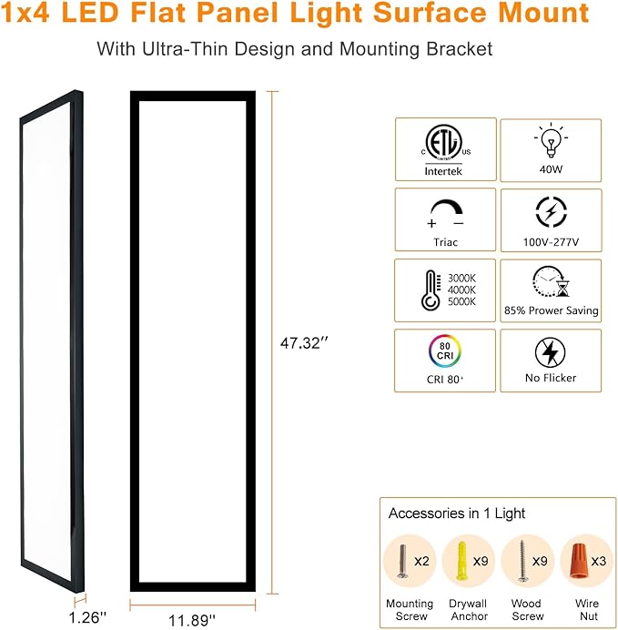 Mcacggo Black 1x4 LED Flat Panel Light Surface Mount, 5000K-4000K-3000K