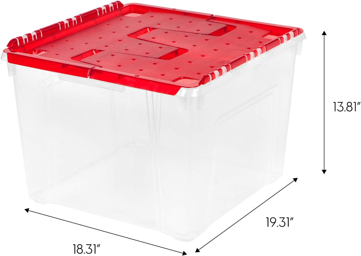 IRIS USA Ornament Storage Box with Attached Lid, Stores 75 Ornaments per Bin, 2-Pack, Stackable Durable Christmas Storage Organization Container Bin for Holiday Decorations and Accessories, Clear/Red