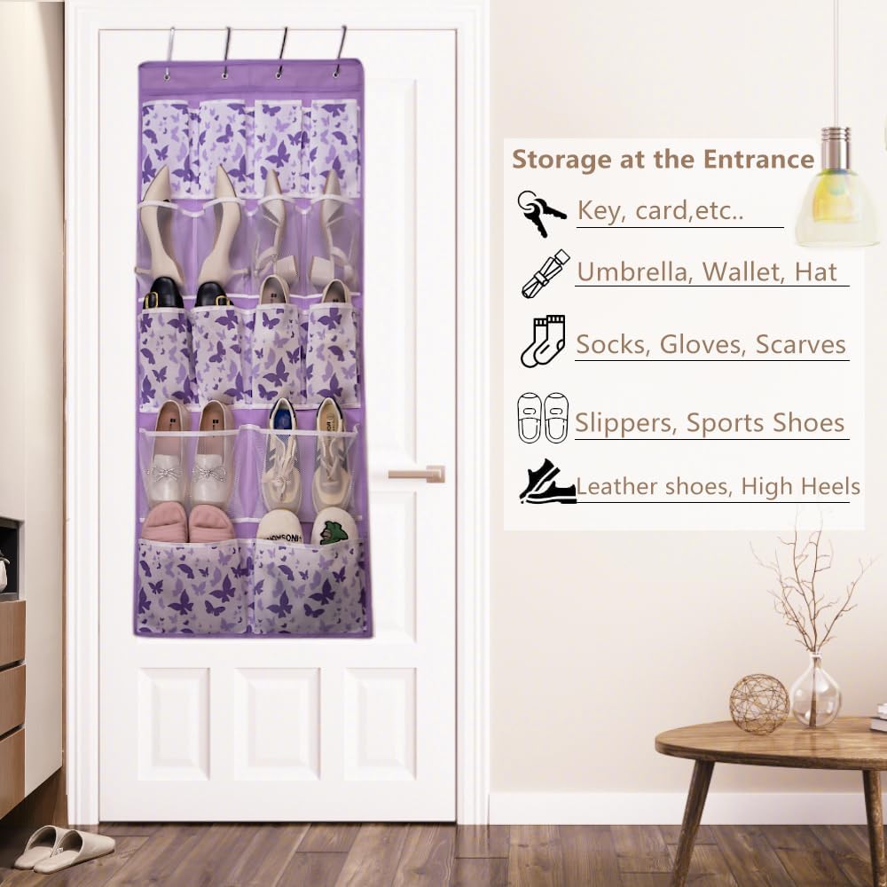 Over the Door Storage Organizer with 4 Kind of Pockets,Hanging Organizer for Shoes,Sock,Hat,Underwear,Handbag,Hair Tools,Cosmetics,Toiletry,Hanging Shelf Behind Door of Bathroom,Closet,Entrance,Purple