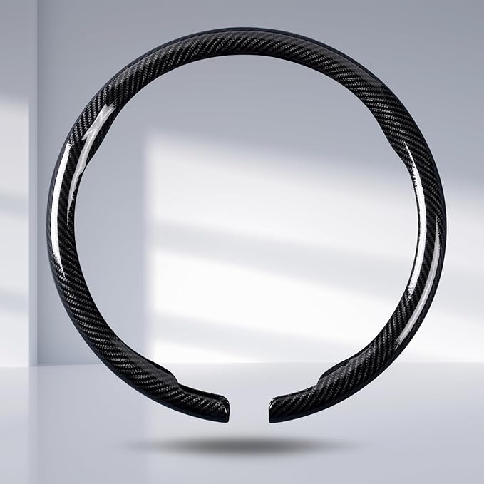 Car Steering Wheel Cover Carbon Fiber Snap On Steering Wheel Accessories Wrap 14.5-15 inch Universal Grip Anti-Skid Protector, Glossy Black