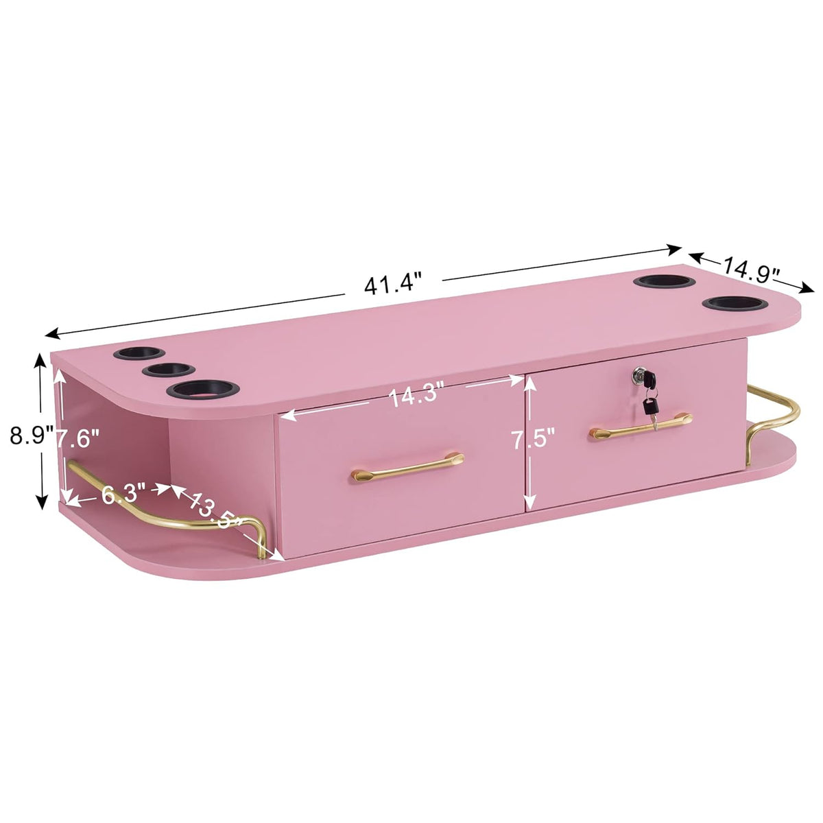 BarberPub Beauty Locking Wall Mount Styling Station, Barber Salon Station with Hair Dryer Holders, Spa Storage Floating Equipment with 2 Drawers 5012 (Pink)