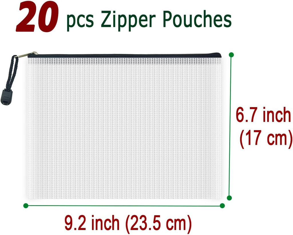 AUSTARK 20 Pcs Zipper File Bags, Plastic Mesh Pouch, Board Game Storage Bag, Waterproof Bags for Office School (A5 Size 9.2''x6.7'', White and Black)