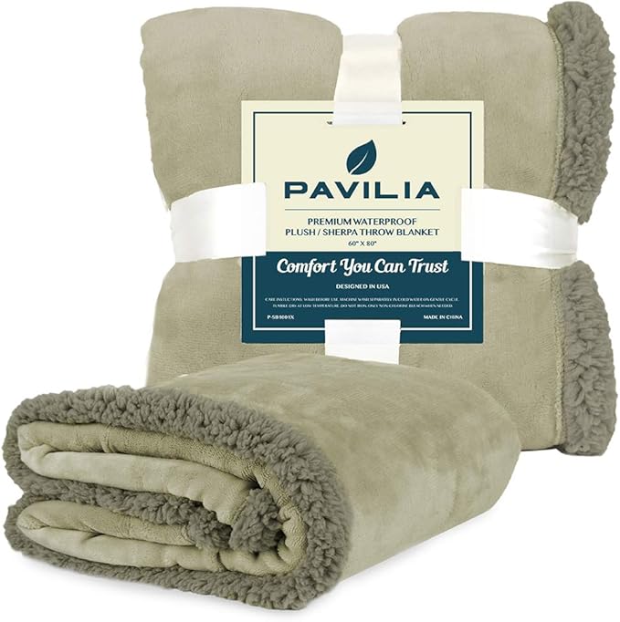 PAVILIA Waterproof Blanket for Couch, Sofa | Waterproof Dog Blanket for Large Dog, Puppy, Cat | Pet Blanket Protector | Plush Soft Warm Fuzzy Sherpa Blanket Bed Throw, Taupe, 60x80
