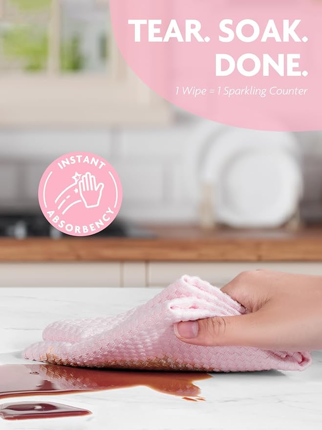 Fantasticlean Large Tear-Away Microfiber Cleaning Cloth Roll - 18'' by 12'', 36 Sheets, Thick Dish Cloths, Super Absorbent Reusable Kitchen Towels (Pink)