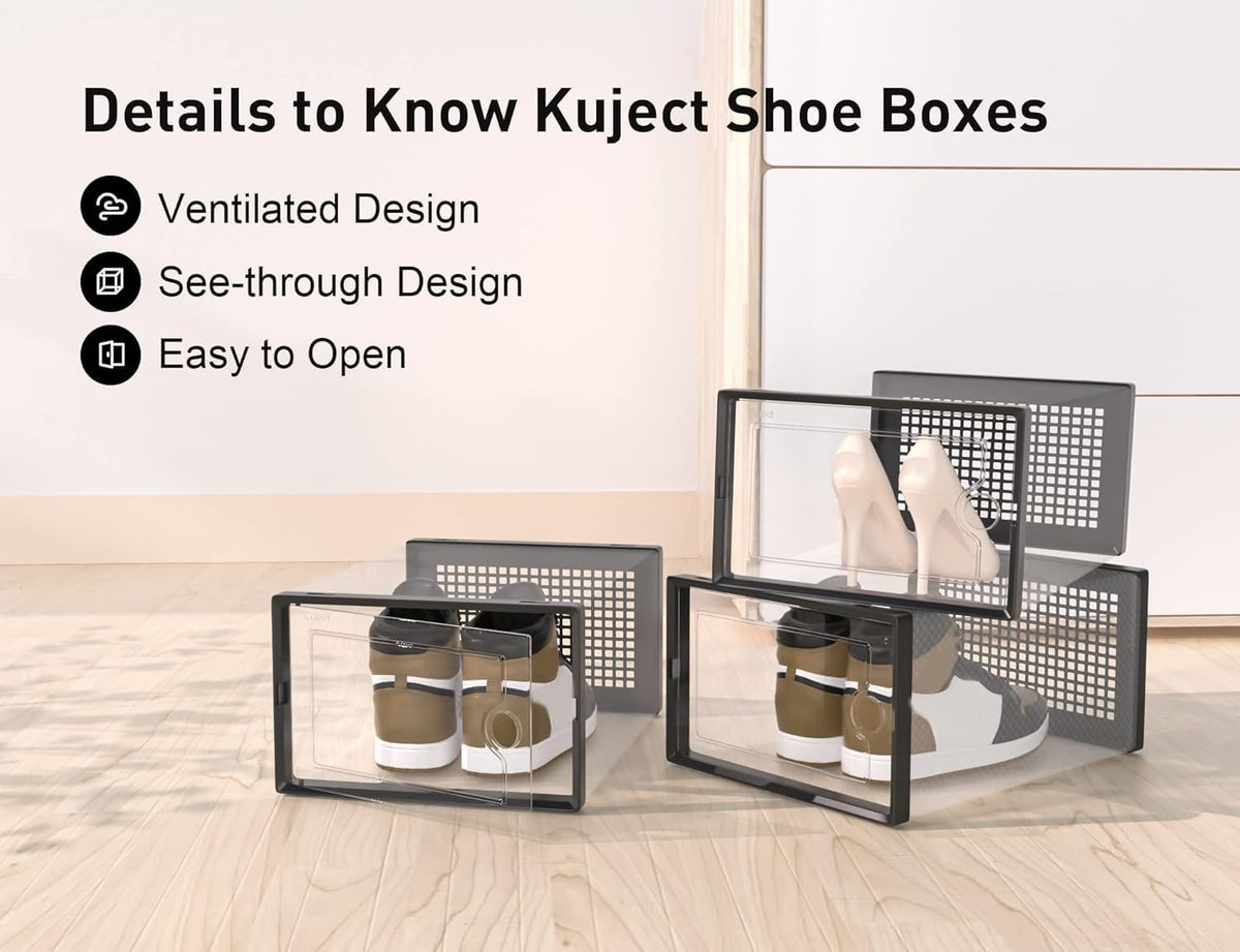 Kuject XX-Large Shoe Storage Boxes Organizers Clear Plastic Stackable 12 Pack, Shoe Rack & Holder Substitute, Sneaker Containers, Toy Storage Organizer Bins for Entryway, Closet, Under Bed, Black