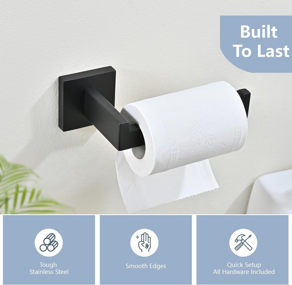 3PCS Bathroom Hardware Set, Matte Black Toilet Paper Holder, 2 Square Towel Robe Hooks, SUS 304 Stainless Steel, Wall Mounted, Modern, Rust‑Resistant (Black)