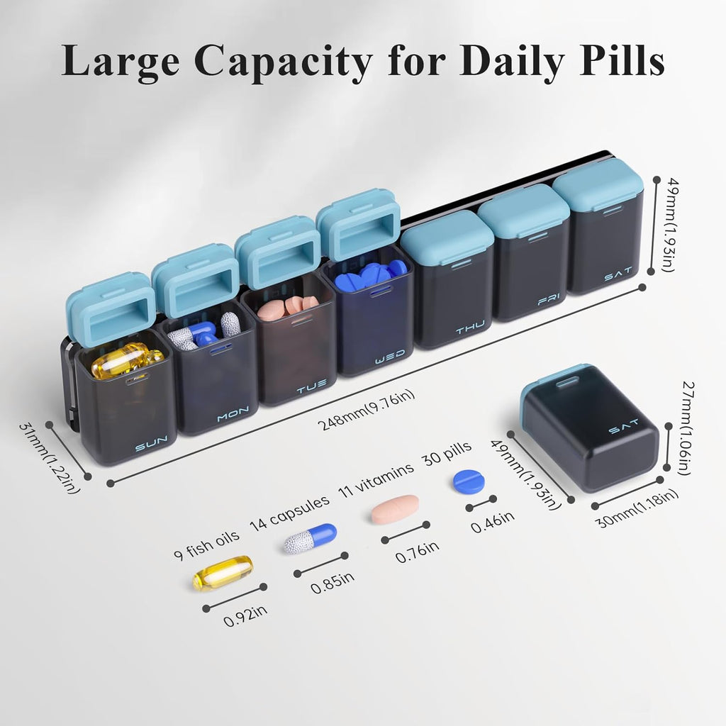 Weekly Pill Organizer Magnetic, Removable Pill Box 7 Day 1 Time a Day, Large Pill Case Travel, Week Once Daily Medication Dispenser, Medicine Container Holder for Supplement Vitamin, Blue