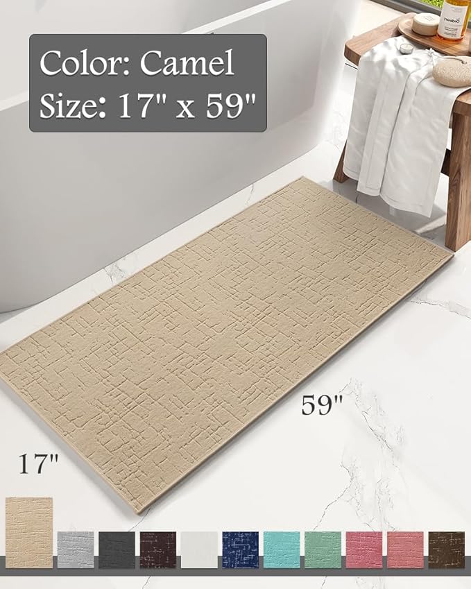 AMOAMI-Bath Mat-Absorbent Quick Dry Bathroom Floor Mats-Washable Rubber Backing Bath Mats for Bathroom Rugs Fit Under Door-Bath Rug for in Front of Sink Bathtub Shower Room, Camel 17''x59''
