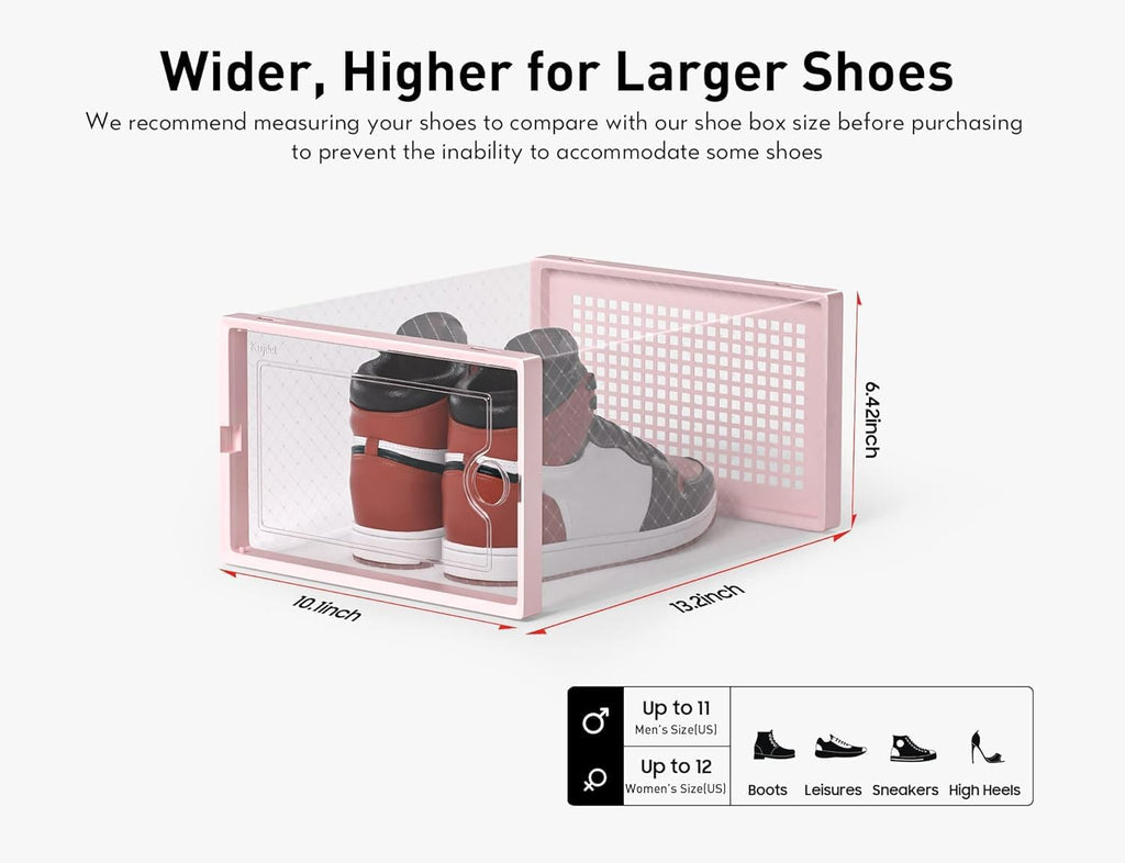 Kuject X-Large Shoe Storage Boxes Organizers Clear Plastic Stackable 12 Pack, Shoe Rack & Holder Substitute, Sneaker Containers, Toy Storage Organizer Bins for Entryway, Closet, Under Bed, Pink