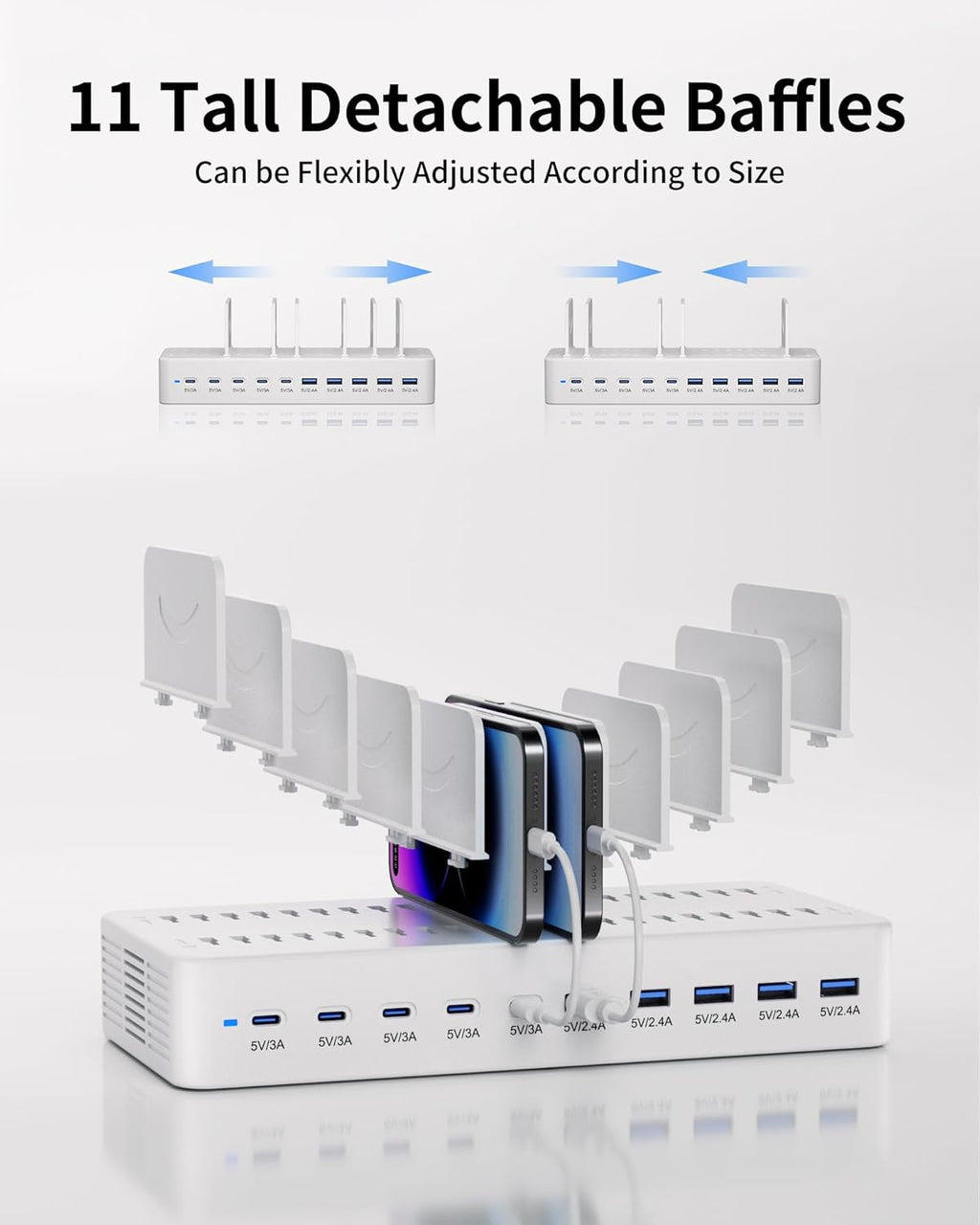 100W Charging Station for Multiple Devices, 10-Port USB Fast Charging Station with Adjustable Dividers & 10 Cables- Multi Device Organizer Charging Dock for iPhone, iPad, Tablets & More