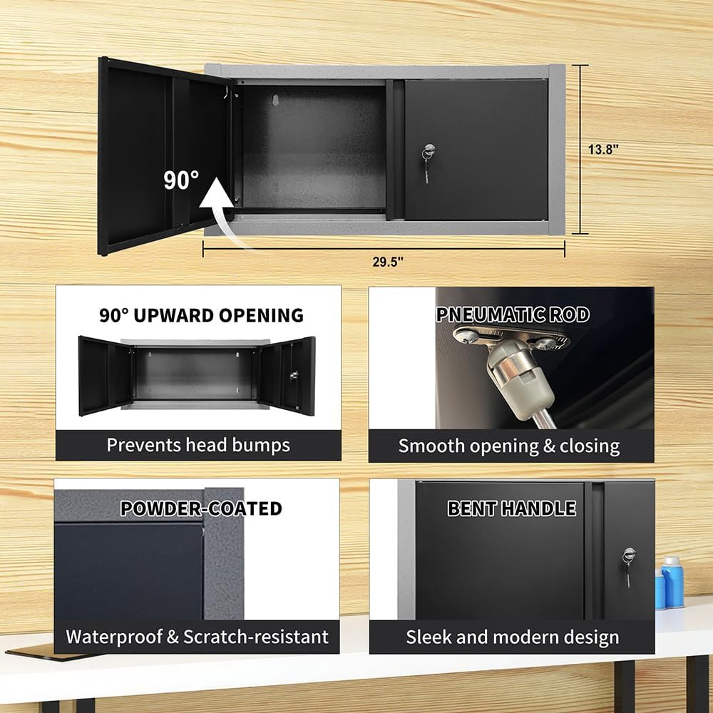JZD Metal Garage Tool Cabinet Set System with Wooden Tabletop, for Workshop Auto Repair Shop, Wall Mounting Not Necessary