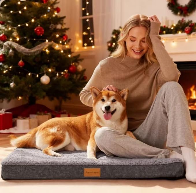 Patas Lague Orthopedic Dog Bed Large Sized Dog 36''X24'',Soft Waterproof Egg Crate Foam Medium Pet Crate Beds Mat with Removable Washable Cover and Non-Slip Bottom, Light Grey
