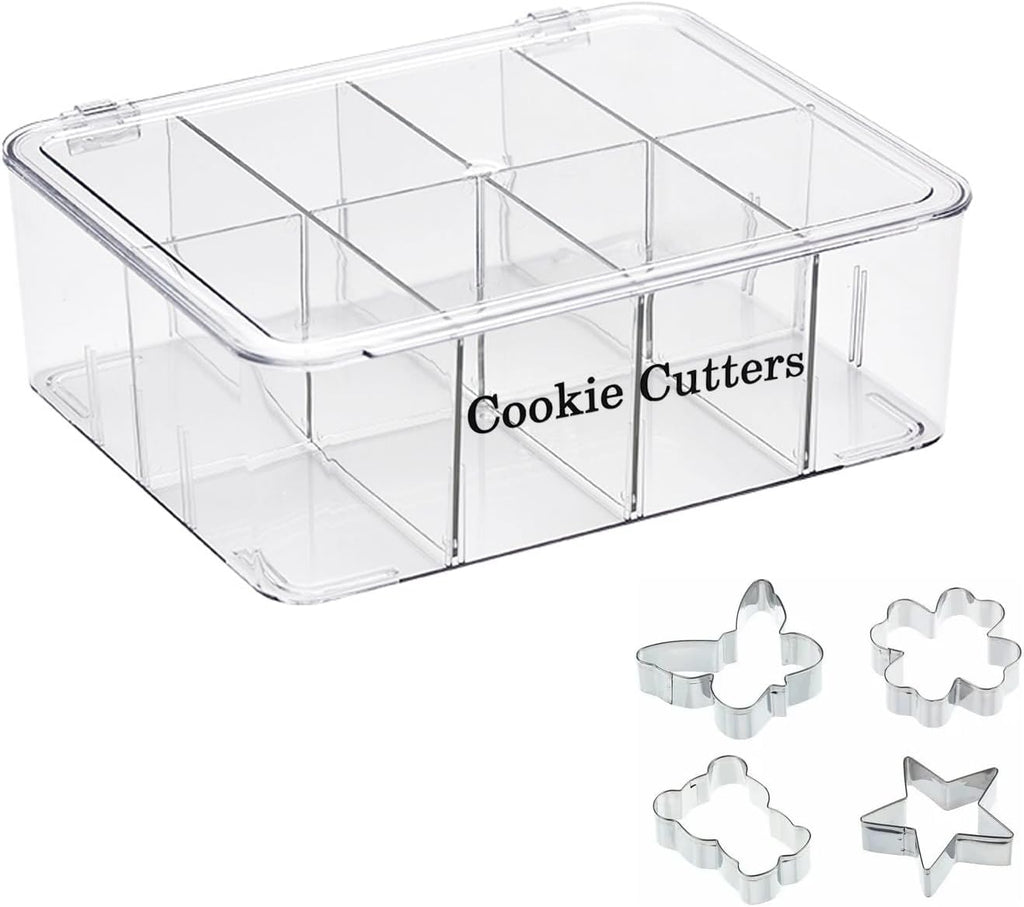 Cookie Cutters Organizer for Baking, Biscuit Cutters Storage Box with 8 Adjustable Compartments, Transparent Dustproof Lid, Perfect Baking Molds Tool Accessories Display Box