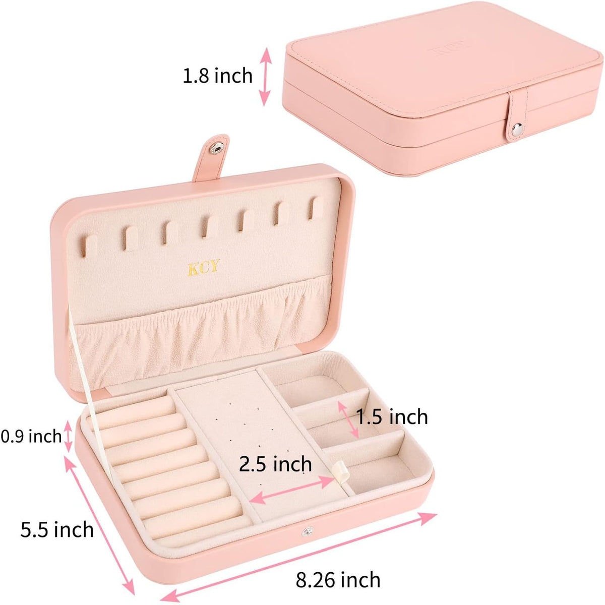 KCY Travel Jewelry Organizer Box for Women Girls, Small Travel Jewelry Case, PU Leather Portable Jewellery Storage Boxes Display Holder for Ring Earrings Necklace Bracelet Bangle, Gifts, Pink