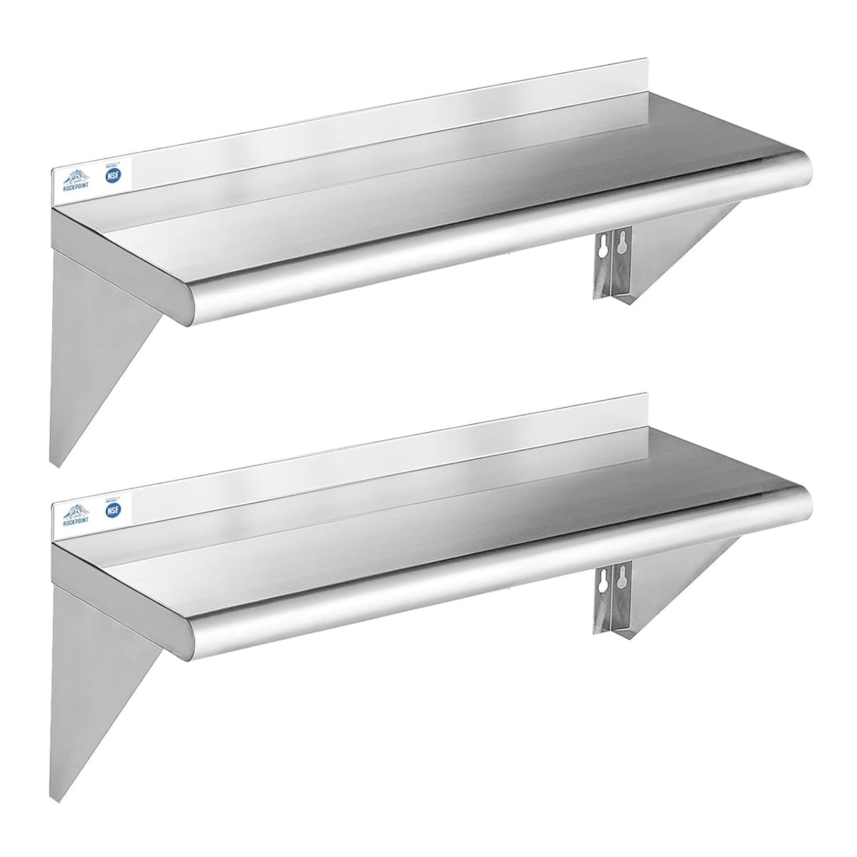 ROCKPOINT Stainless Steel Shelf 10 x 36 Inches 240lb, 2 Pack NSF Metal Commercial Shelves Wall Mount Floating Shelving with Backsplash for Restaurant, Kitchen, Home and Hotel, Silver