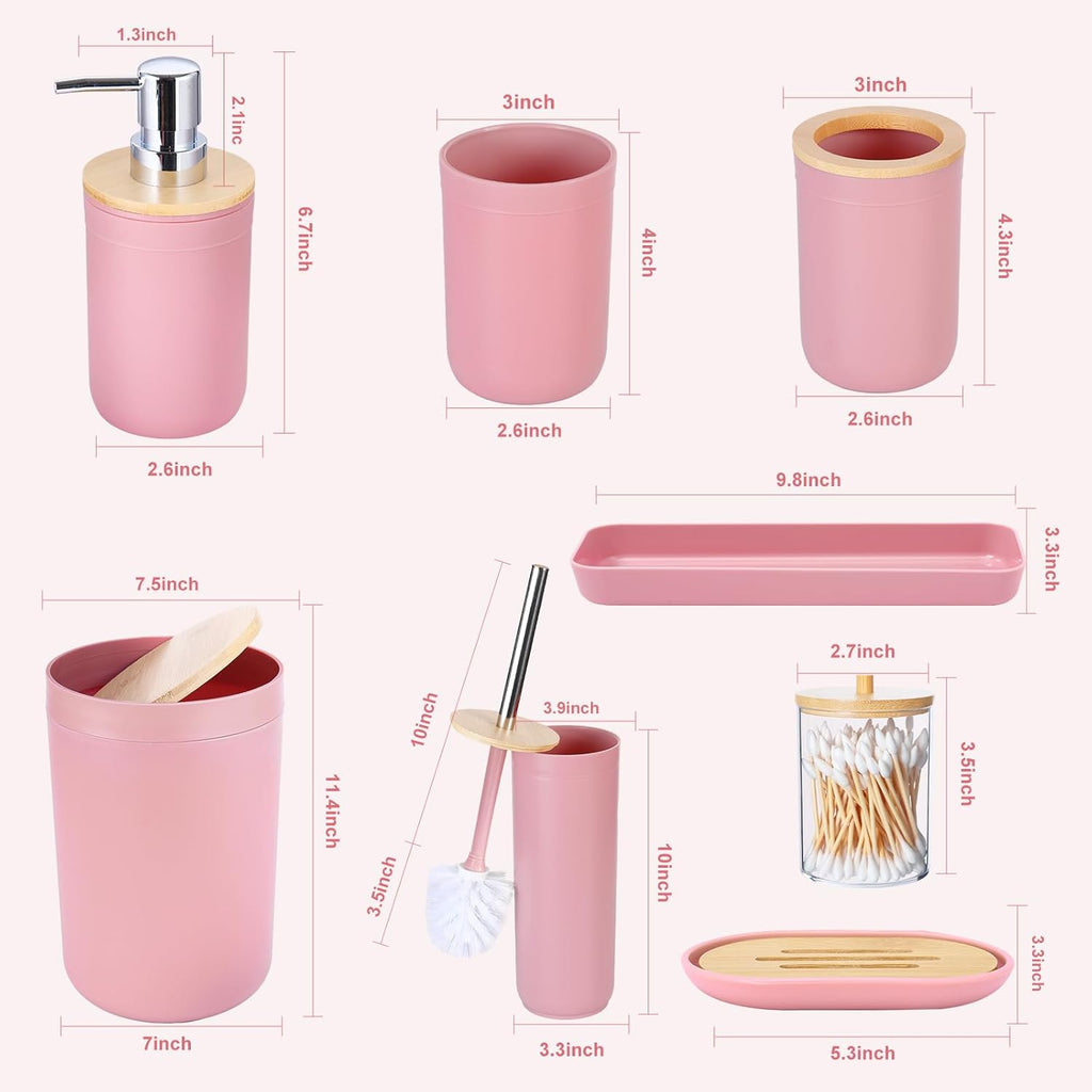 iMucci 9Pcs Pink Bathroom Accessories Set - with Trash Can,Toilet Brush,Toothbrush Holder, Lotion Soap Dispenser, Soap Dish,Toothbrush Cup,Qtip Holder,Tray