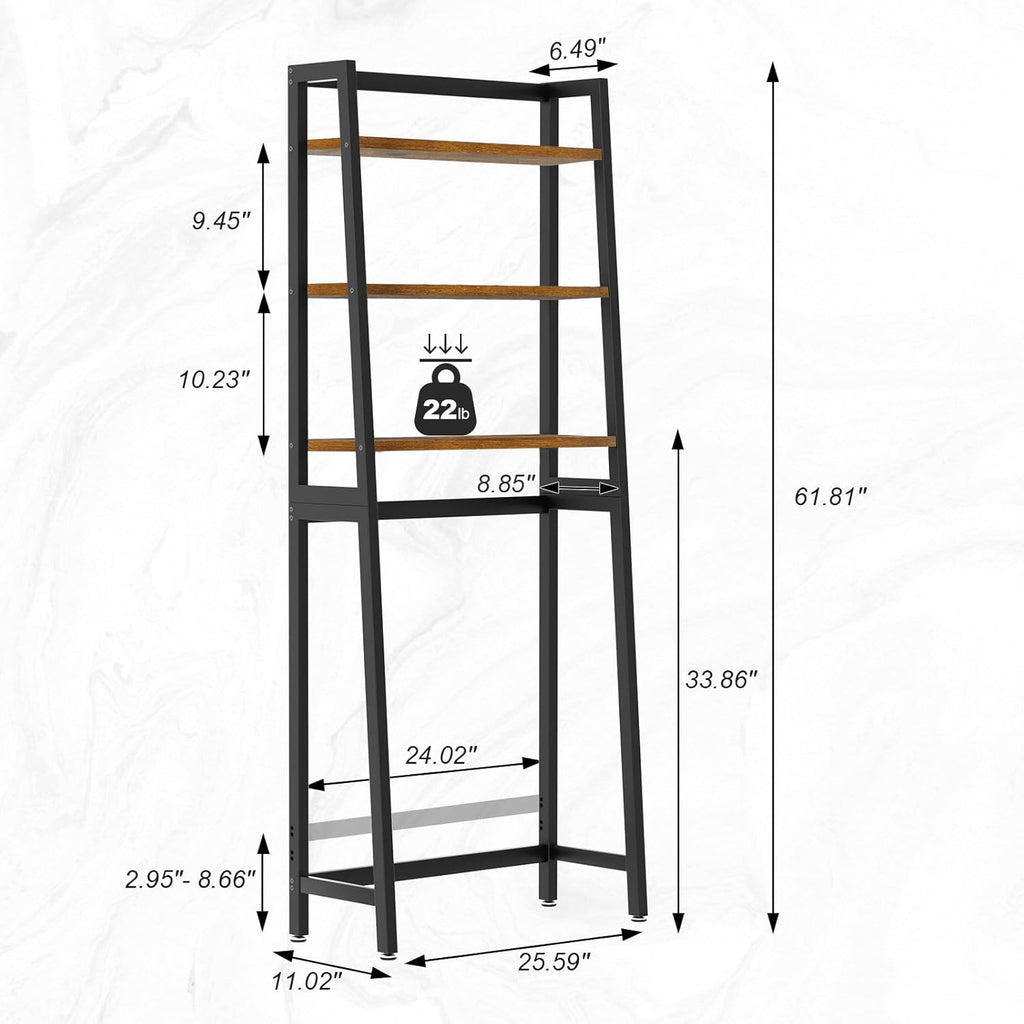 VASMIA Over The Toilet Storage Shelf,3-Tier Bathroom Organizer Over Toilet Storage Cabinet,Freestanding Space Saver with 3 Hooks Black and Rustic Brown