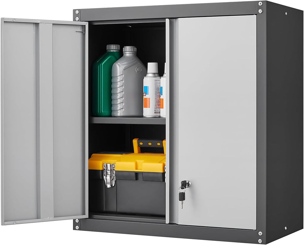 LUCYPAL Garage Wall Cabinet,Metal Wall Storage Cabinet with Adjustable Shelf and Locking Doors,Floating Utility Cabinets for Warehouse/Basement/Kitchen (Black&Grey,27.95" H)