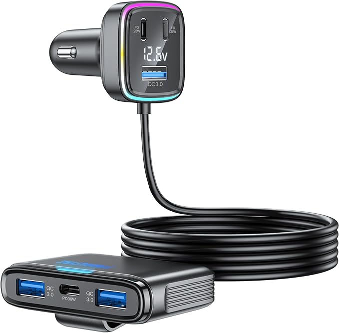 FARSENSE 115W 6-Port USB C Car Charger with PD Fast Charging & LED Display - Universal for iPhone, Samsung, iPad, Laptop