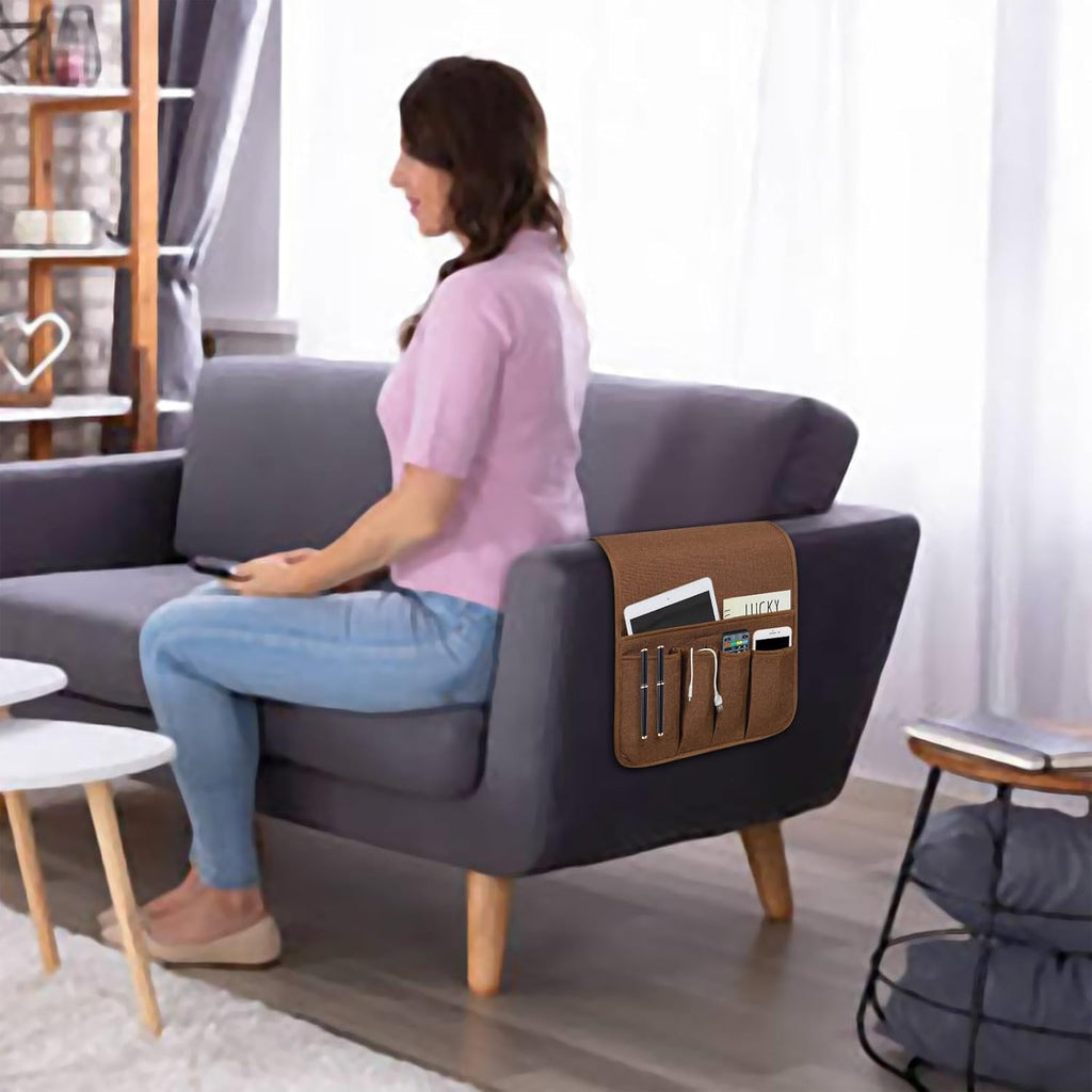 NB Sofa Armrest Organize remote holder bedside caddy organizer with 5 pockets，non-slip couch remote control holder couch armchair caddy accessories (Brown, 35"x12.4")