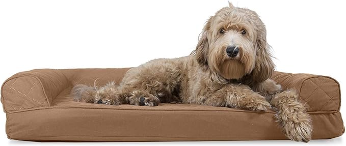 Furhaven Cooling Gel Dog Bed for Large/Medium Dogs w/ Removable Bolsters & Washable Cover, For Dogs Up to 55 lbs - Quilted Sofa - Toasted Brown, Large