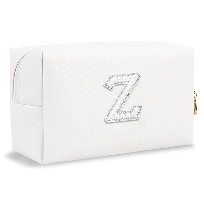 Bride Gifts – Personalized Initial Makeup Bag with Pearl Rhinestone Patch, Preppy White Monogram Cosmetic/Toiletry Pouch, bridesmaid Gifts, Bridal Shower Gifts, Wedding Gifts, Bridal Gifts,Z