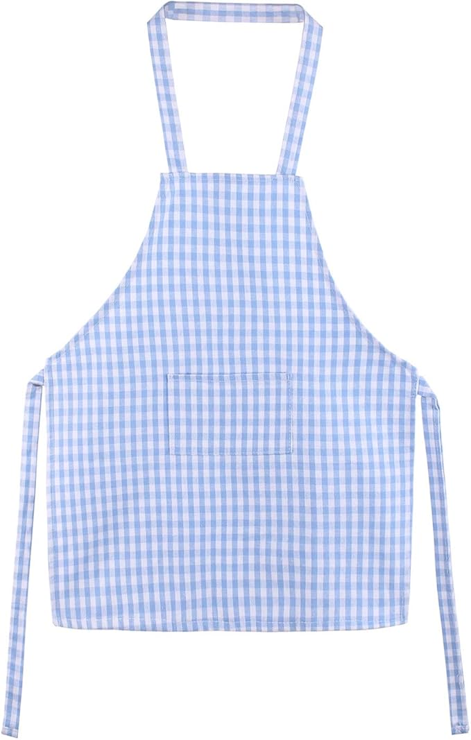 Jennice House Kids Cotton Gingham Apron - Children's Artist Painting Smock with Pocket and Adjustable Neck Strap, Baby Chef Party Aprons (Blue, L)