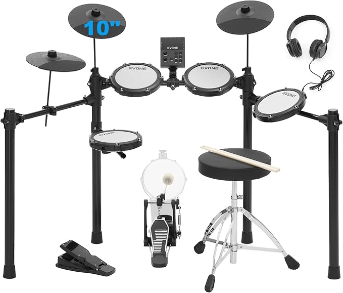 RVONE Electric Drum Set with Kick Hammer Pedal, Electronic Drum Kit