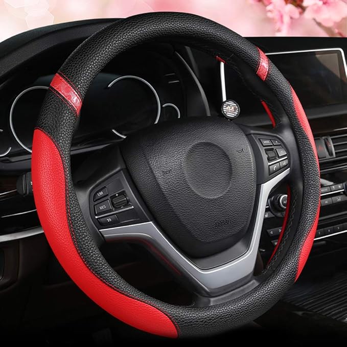 Steering Wheel Cover for Women Leather Universal Steering Wheel Cover for Car 15 inch (Red)