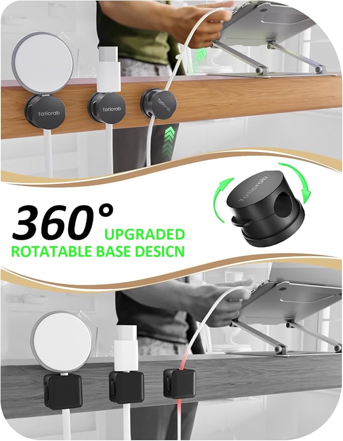Magnetic Cord Holder for Desk & Nightstand, 7-Pack 360° Rotatable Cable Clips Organizer, Strong Adhesive, Fits 8mm Slots for Phone Charger Cords & Wires, Black