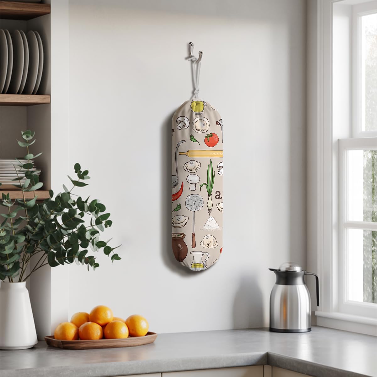 Kitchen Print Plastic Bag Holder, Wall Mount Plastic Bags Organizer, Pantry Organization, Reusable Shopping Bags Holder Dispenser for Kitchen, Housewarming Gift,Pattern Garbage Bag 61