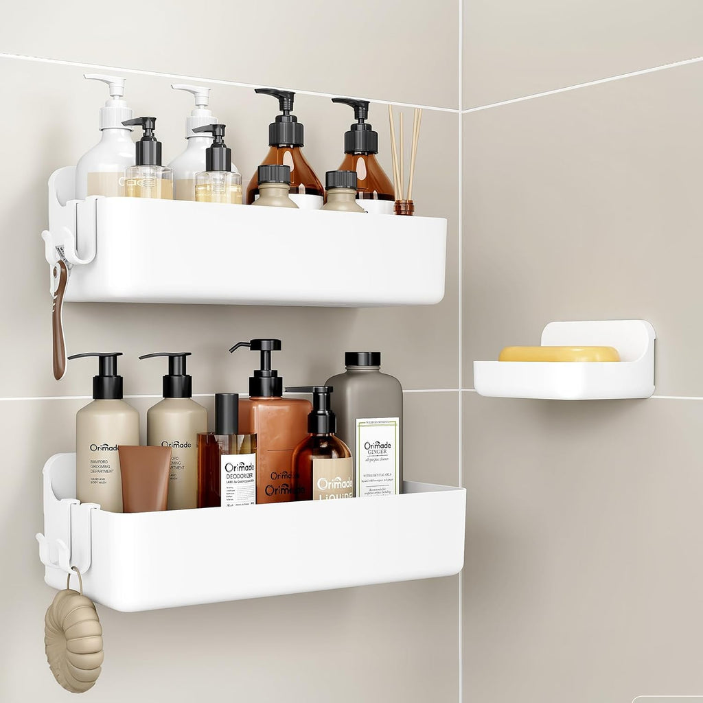 Orimade Shower Caddy 3-Pack, No-Drill Adhesive Shelves for Bathroom, Rustproof ABS Storage Organizer Set, White